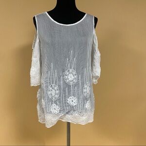 Le Marais Paris White Floral Lace Cold Shoulder Sheer Blouse Top Size XL